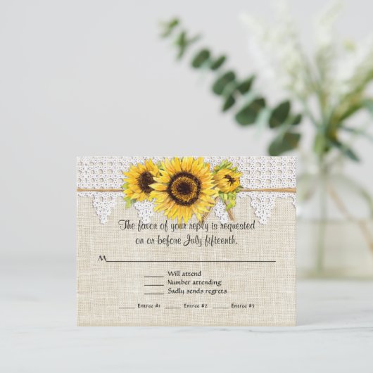 Rustisch land Mason Jar Flowers - Zonnebloemkant RSVP Kaartje (Staand voorkant)