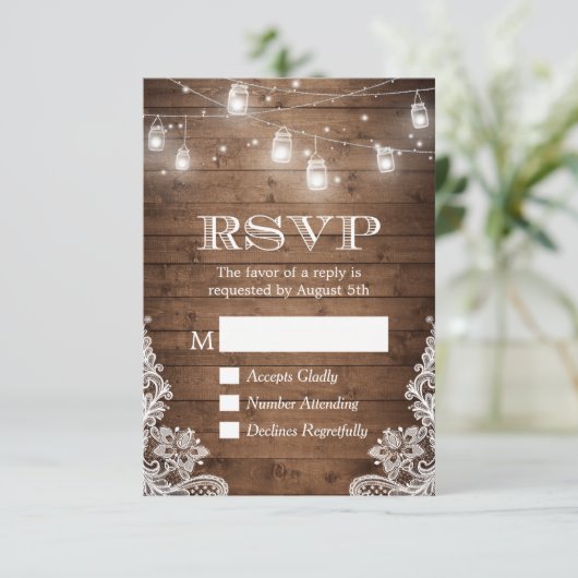Rustisch land Mason Jar Lights Lace Wood RSVP (Staand voorkant)