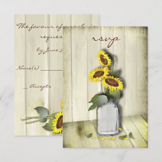 RUSTISCH LAND MASON JAR MET ZONLOWERS RSVP KAARTJE (Voorkant / Achterkant)