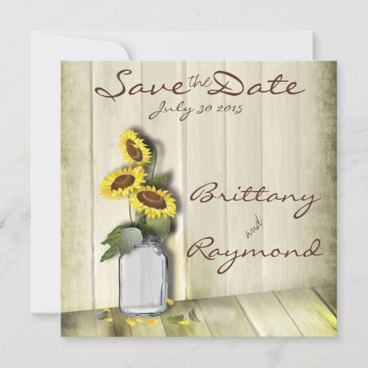 RUSTISCH LAND MASON JAR MET ZONLOWERS SAVE THE DATE (Voorkant)