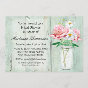 Rustisch land Mason Jar Peony Poppy Bouquet Pink Kaart