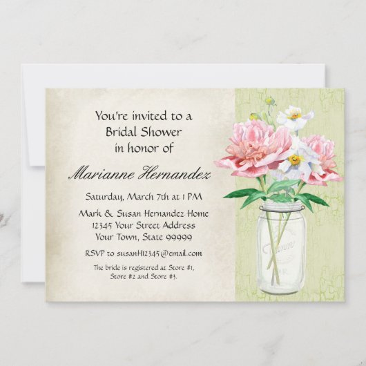 Rustisch land Mason Jar Peony Poppy Bouquet Pink Kaart (Voorkant)