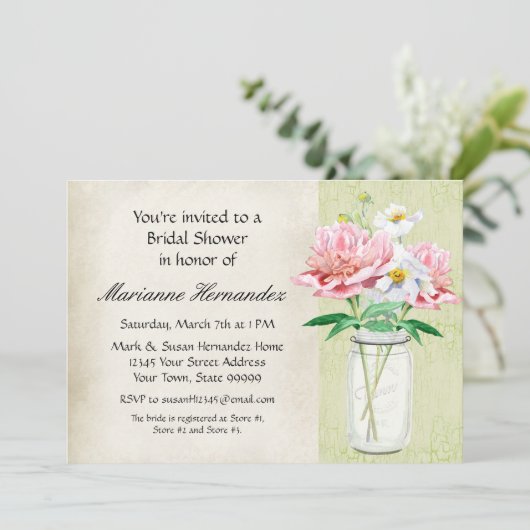 Rustisch land Mason Jar Peony Poppy Bouquet Pink Kaart (Staand voorkant)