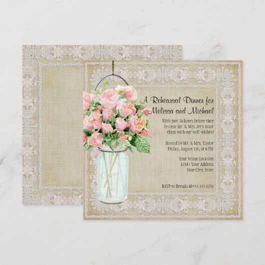 Rustisch land Mason Jar Rozen Rehearsal Dinner Kaart (Voorkant / Achterkant)