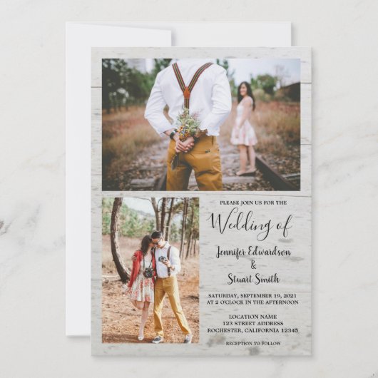Rustisch land met houten foto's collage bruiloft kaart (Voorkant)