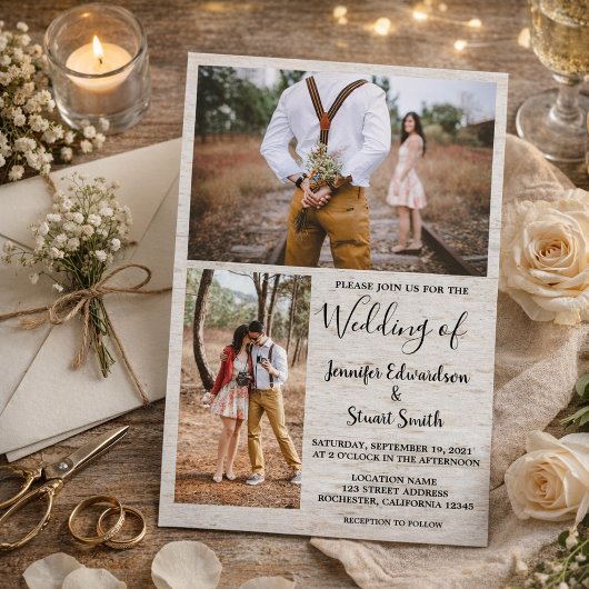 Rustisch land met houten foto's collage bruiloft kaart