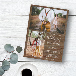 Rustisch land met houten foto's collage bruiloft kaart