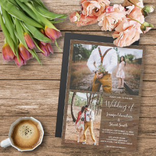 Rustisch land met houten foto's collage bruiloft magnetische uitnodiging