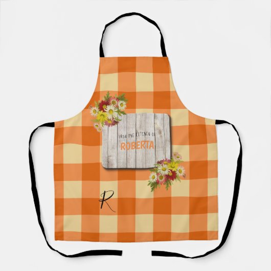Rustisch land monogrammen oranje gingham schort (Voorkant)