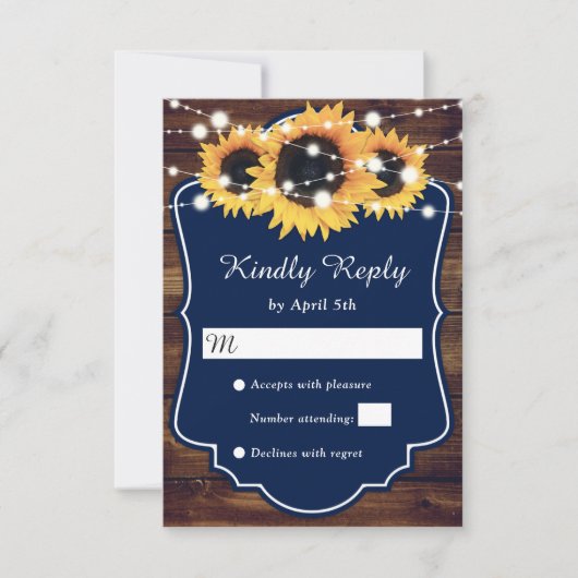 Rustisch land Navy Blue Wood Sunflower Wedding RSVP Kaartje (Voorkant)