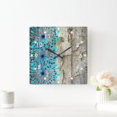Rustisch land Old Barn Wood Blauwgroen Blue Flower Vierkante Klok (Huis)