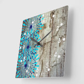 Rustisch land Old Barn Wood Blauwgroen Blue Flower Vierkante Klok (Hoek)