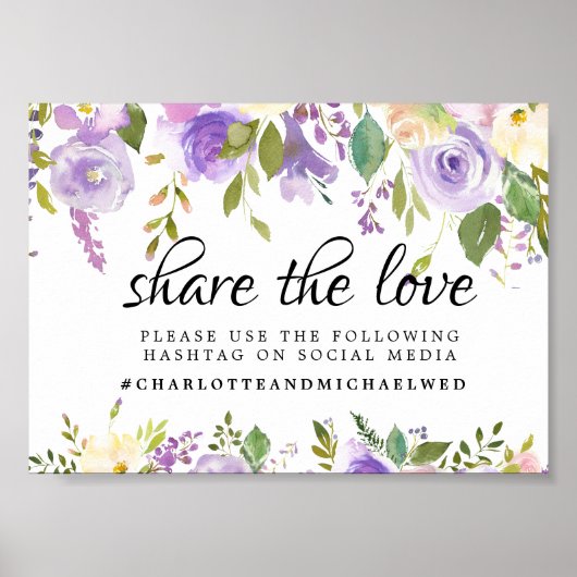 Rustisch land Paars Floral Wedding Hashtag Poster (Voorkant)