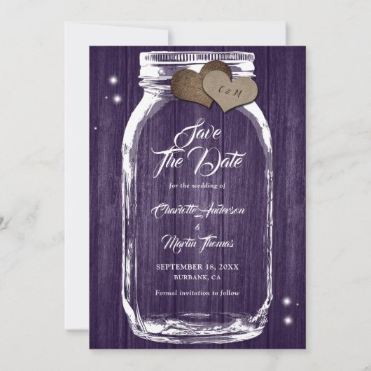 Rustisch land Paarse Mason Jar Wedding Save The Date (Voorkant)