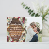 Rustisch land Red Ivory Floral Lace Wood Save The Date (Staand voorkant)