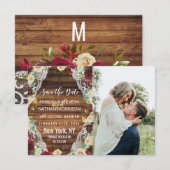 Rustisch land Red Ivory Floral Lace Wood Save The Date (Voorkant / Achterkant)