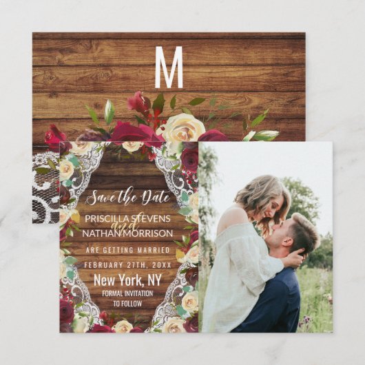 Rustisch land Red Ivory Floral Lace Wood Save The Date (Voorkant / Achterkant)