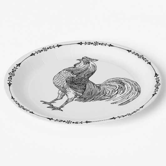 Rustisch land Rooster Black en White Papieren Bordje (Gekanteld)