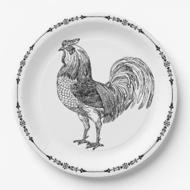 Rustisch land Rooster Black en White Papieren Bordje