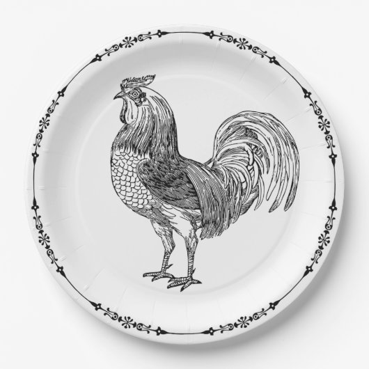Rustisch land Rooster Black en White Papieren Bordje (Voorkant)