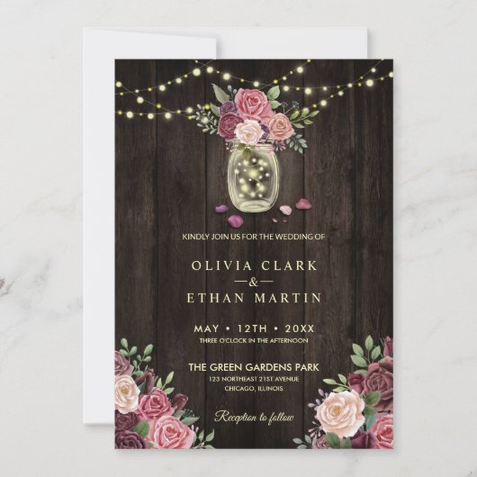 Rustisch land Roze Floral Mason Jars Dark Wood Kaart (Voorkant)