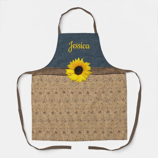 Rustisch land Simulated Burlap Denim Sunflower Schort (Voorkant)