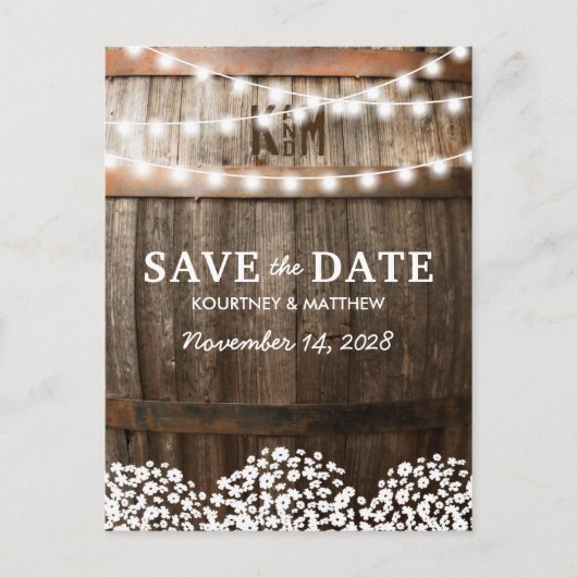 Rustisch land sparen de datum | Koord van lichten Aankondigingskaart (Voorkant)