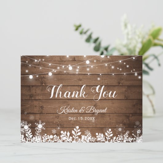Rustisch land String Lights Winter Snowflakes Bedankkaart (Staand voorkant)