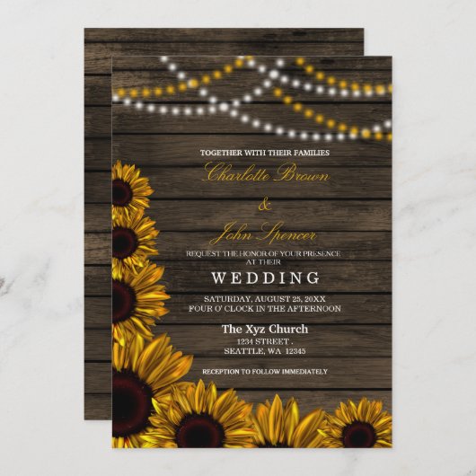 Rustisch Land Sunflower Barn Wood Wedding Kaart (Voorkant / Achterkant)