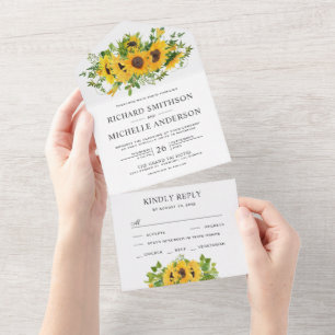 Rustisch Land Sunflower Bouquet Floral Wedding All In One Uitnodiging
