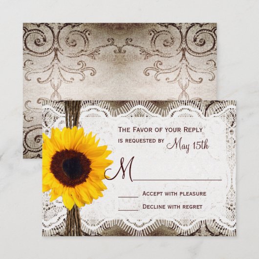 Rustisch land Sunflower Lace Twine Wedding RSVP Kaartje (Voorkant / Achterkant)