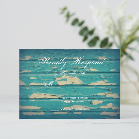 Rustisch land Turquoise Wood Wedding RSVP-kaarten RSVP Kaartje (Staand voorkant)