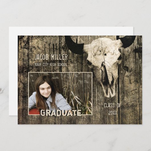 Rustisch Land Western Bull Koe Afstuderen schedel Aankondiging (Voorkant / Achterkant)