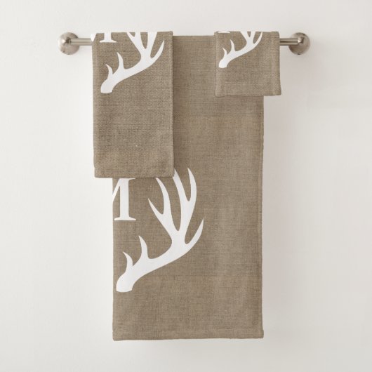 Rustisch Land White Deer Antlers & Faux Burlap Bad Handdoek (Insitu)
