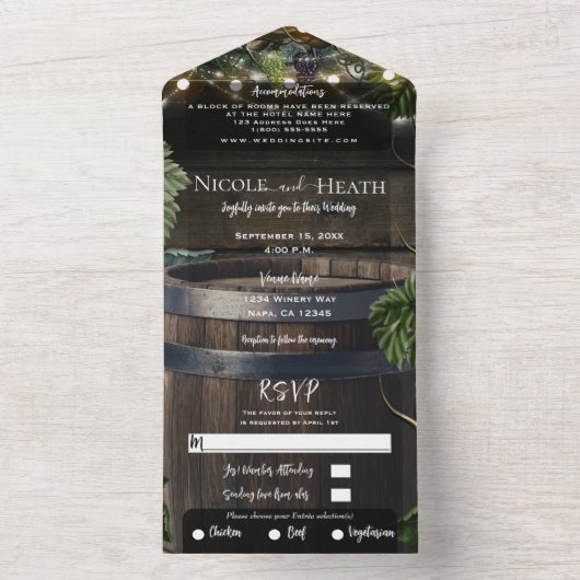Rustisch land Winery Wine Barrel Barn Wedding All In One Uitnodiging (Binnen)