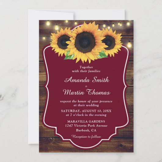 Rustisch Land Wood Burgundy Sunflower Wedding Kaart (Voorkant)