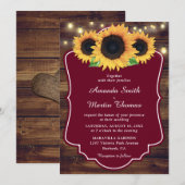 Rustisch Land Wood Burgundy Sunflower Wedding Kaart (Voorkant / Achterkant)