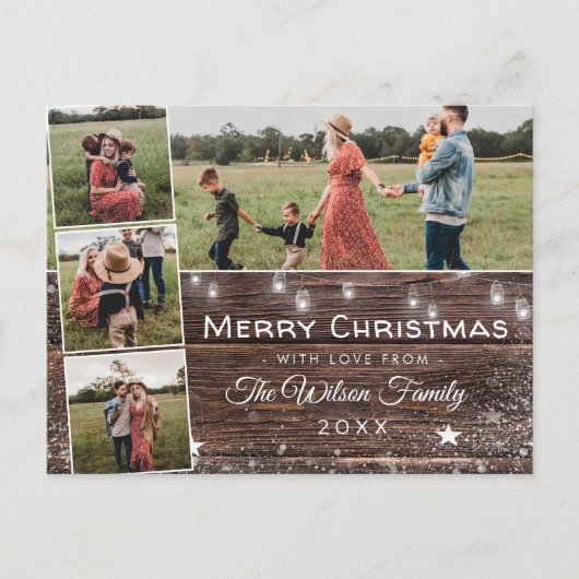 Rustisch Land Wood String Lights Mason Jars Feestdagenkaart (Voorkant)