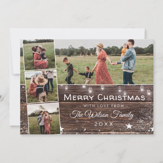 Rustisch Land Wood String Lights Mason Jars Feestdagenkaart (Voorkant)