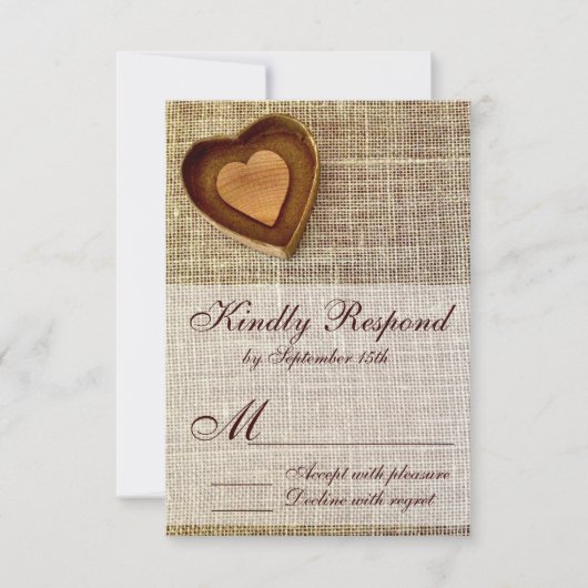 Rustisch land Wooden Heart Burlap Wedding RSVP (Voorkant)