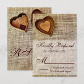 Rustisch land Wooden Heart Burlap Wedding RSVP (Voorkant / Achterkant)
