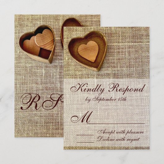 Rustisch land Wooden Heart Burlap Wedding RSVP (Voorkant / Achterkant)