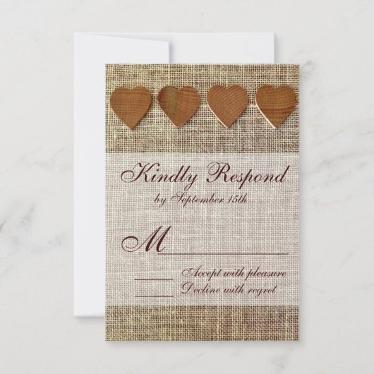 Rustisch land Wooden Hearts Burlap Wedding RSVP (Voorkant)