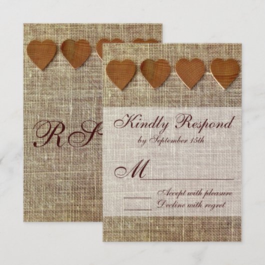 Rustisch land Wooden Hearts Burlap Wedding RSVP Kaartje (Voorkant / Achterkant)