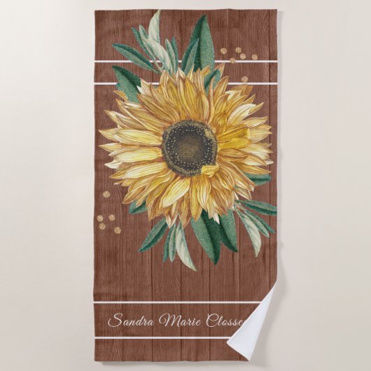 Rustisch Land Yellow Sunflower Brown Wood Strandlaken (Voorkant)
