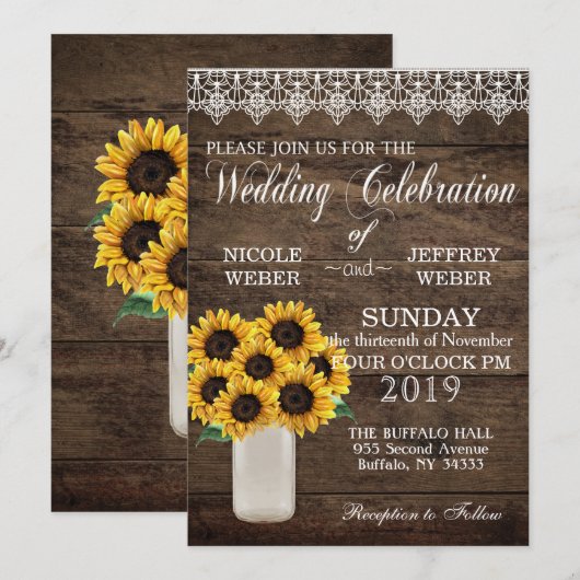 Rustisch land Zonnebloem Mason Jar Country Weddens Kaart (Voorkant / Achterkant)