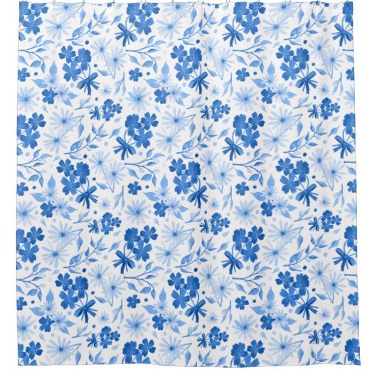 Rustisch landblauw flesje botanisch douchegordijn (Voorkant)