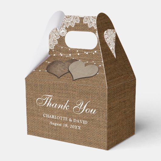 Rustisch landburlap trouwerij bedankdoosjes (Achterkant)