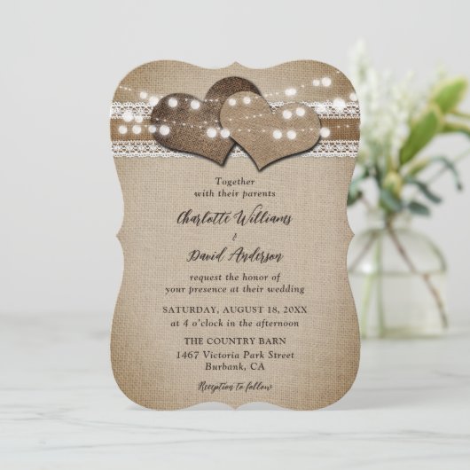 Rustisch landburlap trouwerij kaart (Staand voorkant)