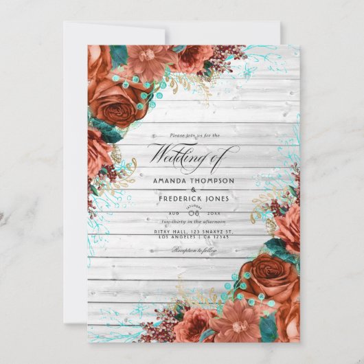 Rustisch landelijk Barn Coral en Blauwgroen Floral Kaart (Voorkant)